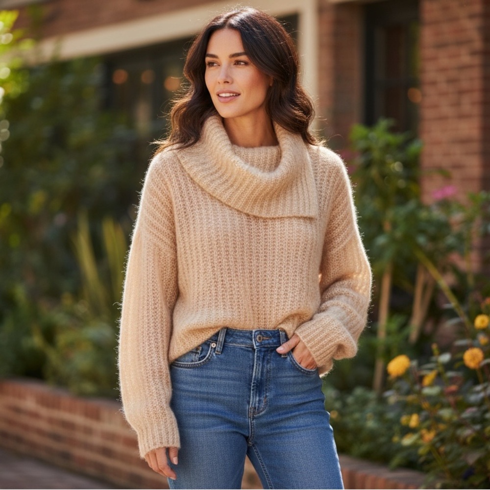Wool Blend Vintage Camel Cowl Neck Women’s Sweater Knit Beige Pullover US Size M
